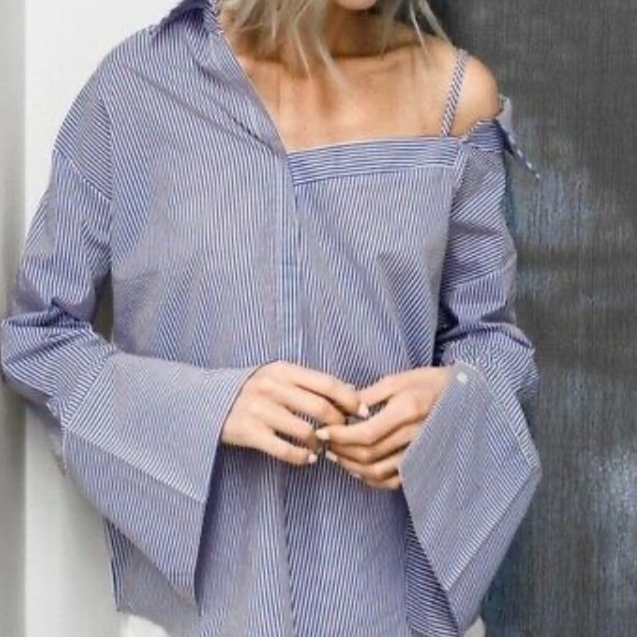 OAK + FORT Tops - Oak+Fort Blue Stripe Asymmetrical Off Shoulder Top
